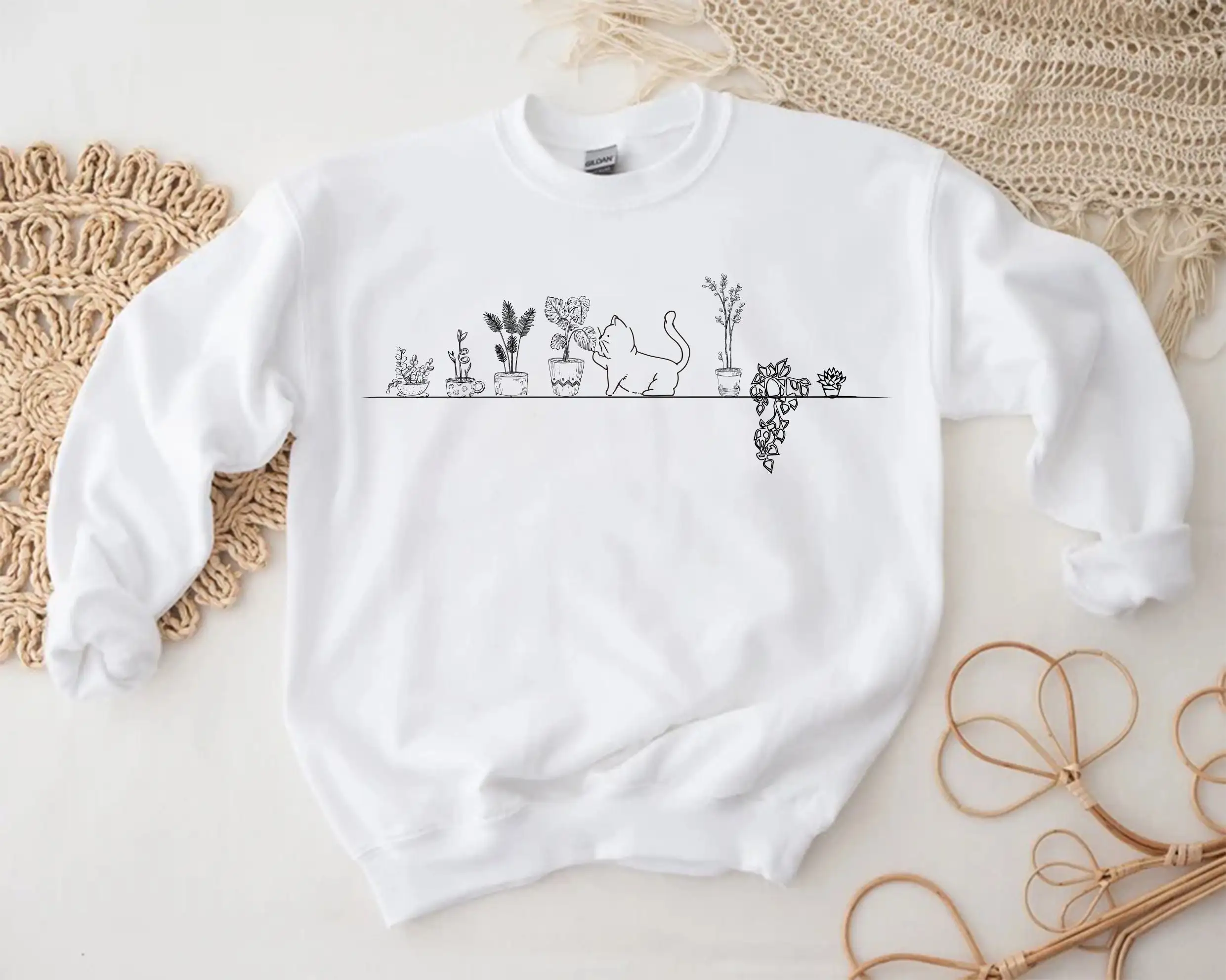 

Cute Cotton Potted Plant Kitty Stick Figure Print Women Sweatshirt 2024 New Voguish Campus Style Female Sweater Freshness Shirt