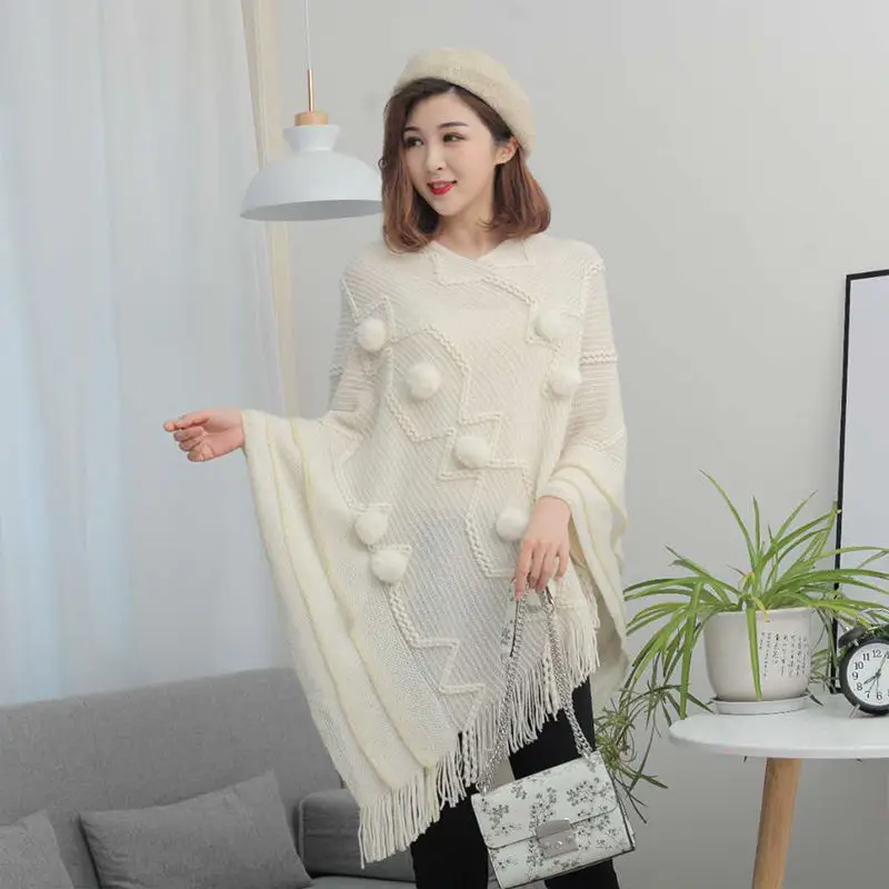 

Beige NEW Women Spring Knit Tassels Pullover Lady Out Loose Coat Sweater Vest Party Scarf Over Cloth Top Shawl Cloak Cape Poncho