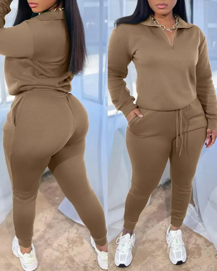 

Two Piece Set Women Outfit 2025 Spring Autumn New High Neck Half Zip Drop Shoulder Top & Drawstring Slim Fit Jogger Pants Set