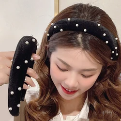 Black velvet pearl headband Women high skull top retro headhoop Hair band showing face small wide-brimmed elegant hair headdress