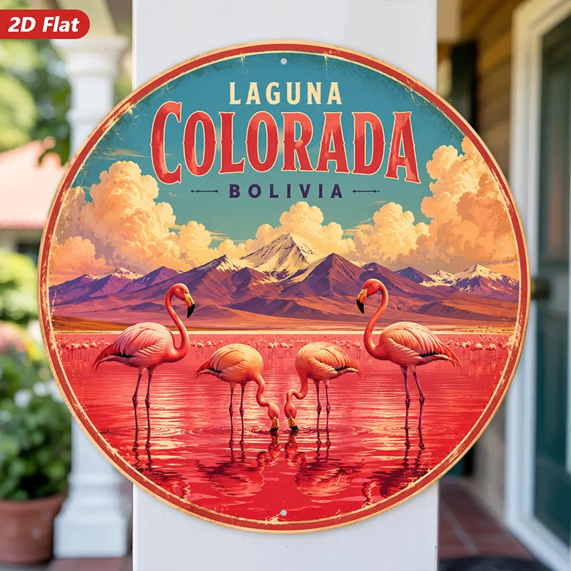 2D Flat - 【2D Flat】 2D Flat - [2D Flat] 2D Flat Print 1pc Round Metal Iron Sign, Bolivia Flamingos Wall Art, Laguna Colorada Tex