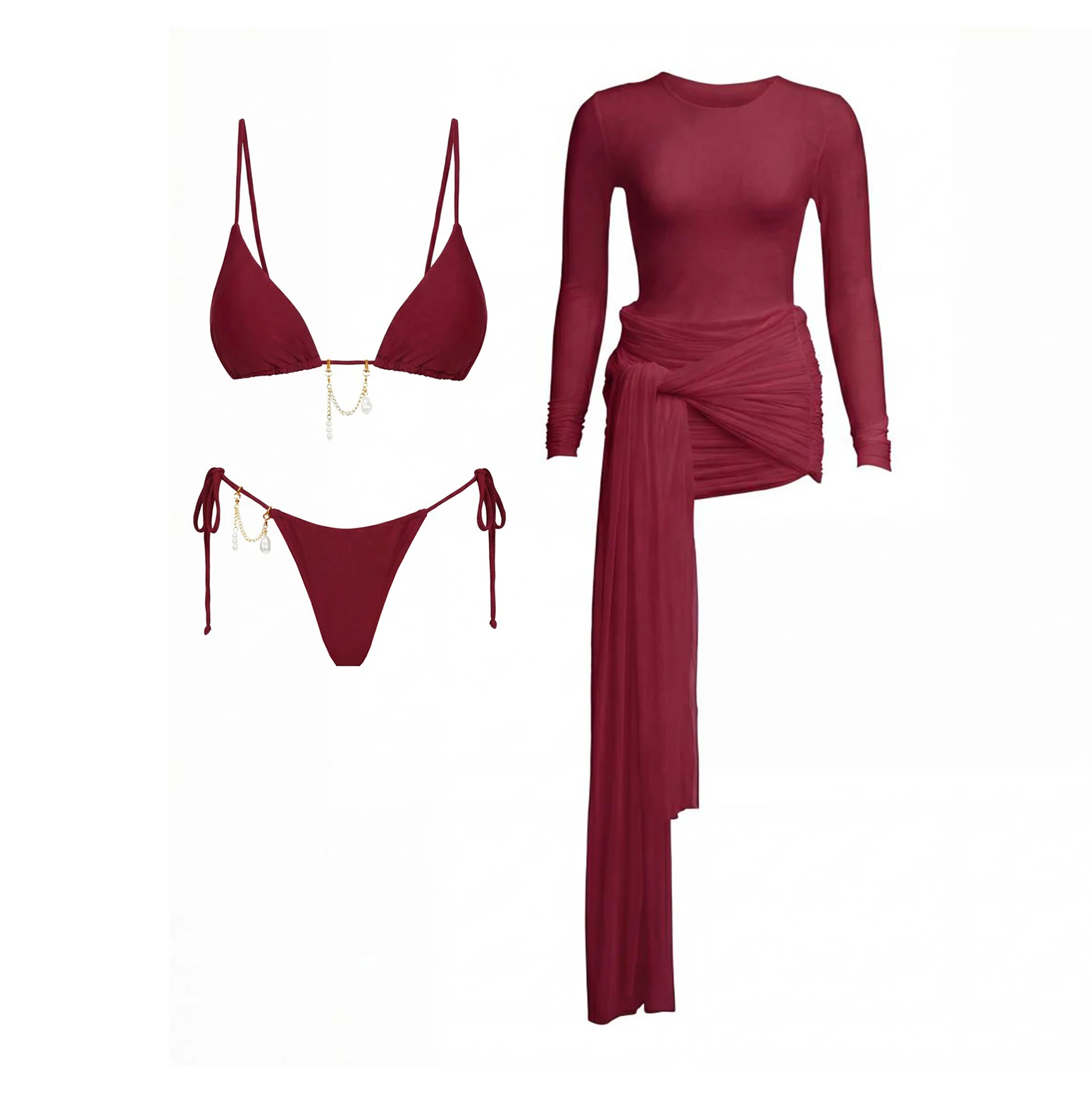 Wine Red 3Pcs Bikini Sexy Swimsuit Women 2026 New Swimwear Lace Sarong Swim Suit Push Up Bathingsuit Bandeau Biquini Beachwear