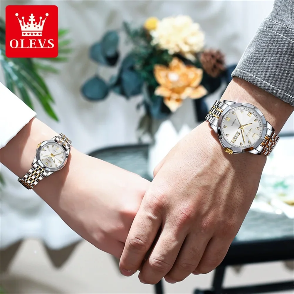 OLEVS 9982 Rhombus Mirror Mechanical Couple Watch For Men Women Roman Scale Luxury Hand Clock Waterproof Fashion Automatic Watch