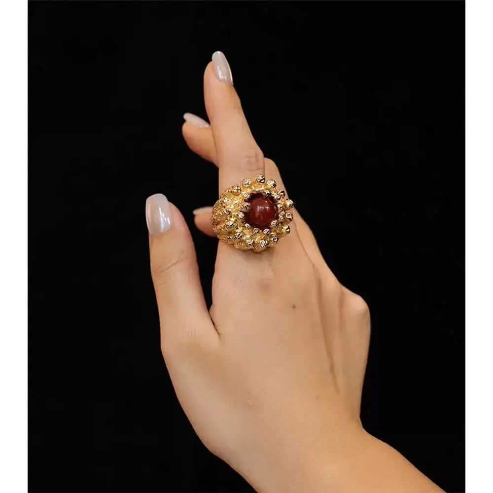 

Brass Chunky Red Stone Solid Rings Women Jewelry Punk Designer Club Cocktail Party Boho Japan Korean