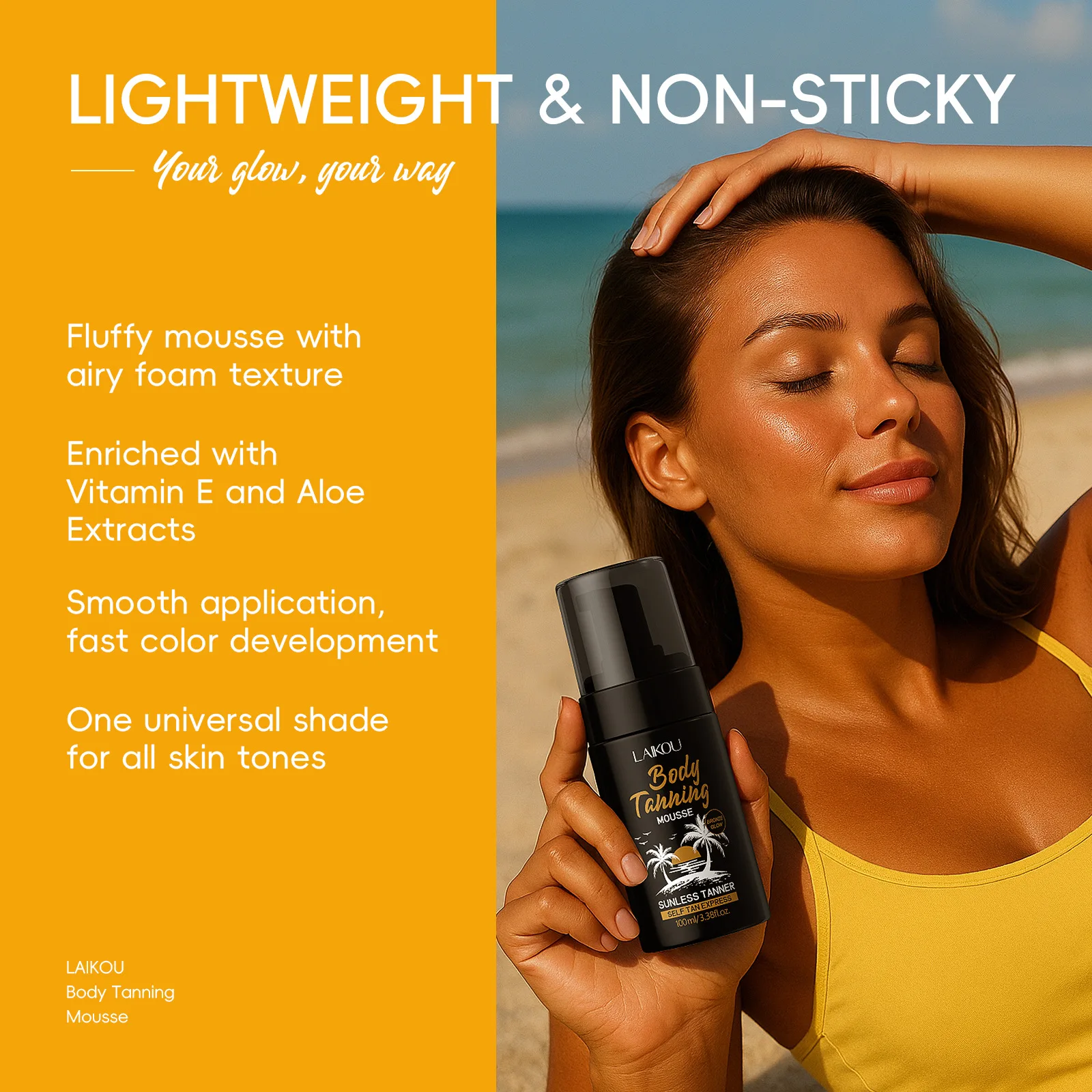 

LAIKOU Beach Tanning Mousse Summer Outdoor Sun Tan Accelerator for Natural Wheat Color Skin Hydrating Lightweight Bronze Foam