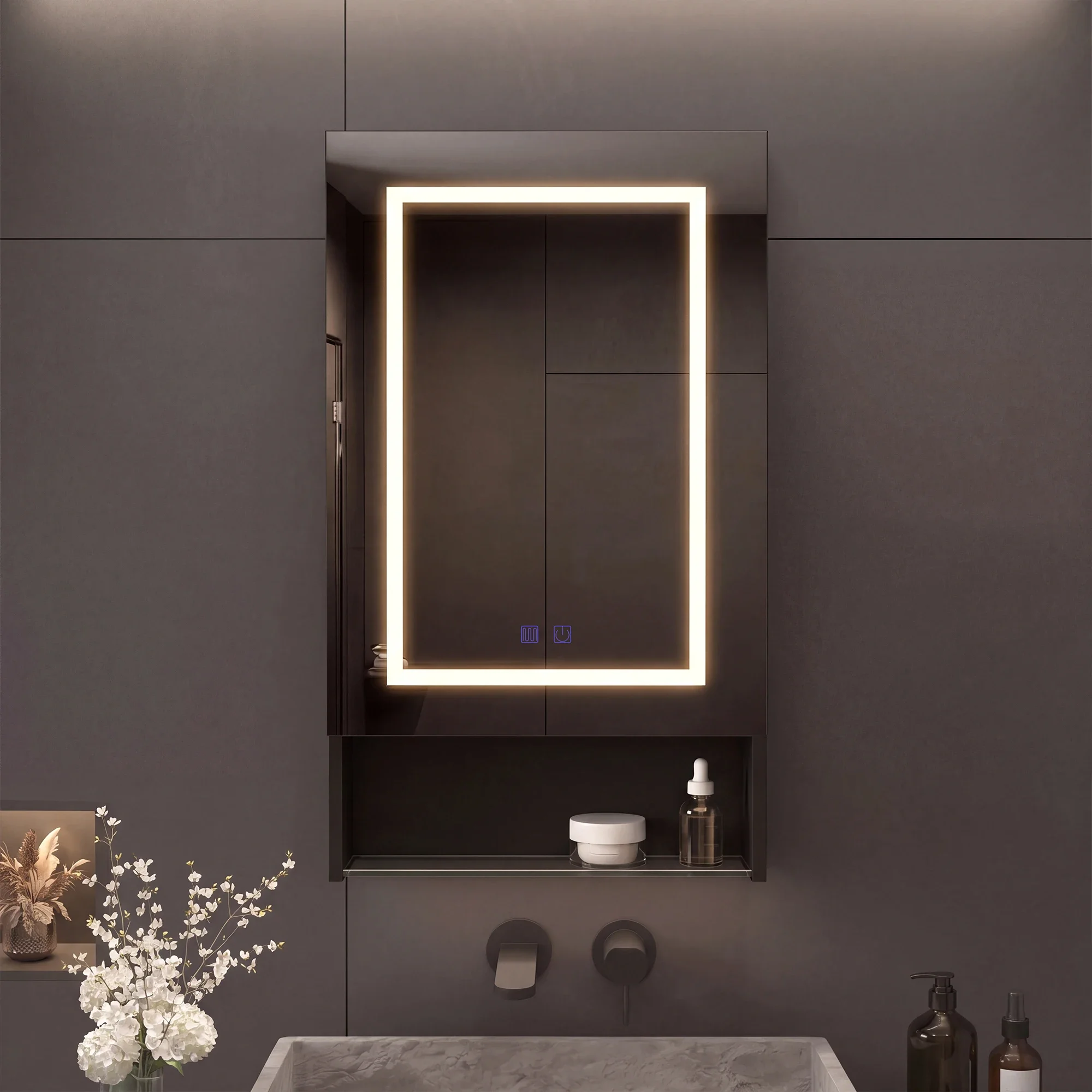 Intelligenter LED-Badezimmerspiegelschrank mit LED-Beleuchtung, Antibeschlag-Funktion, mit Türen, wandmontierter Badezimmerspiegel-Aufbewahrungsschrank, moderner Badezimmerspiegel-Waschtisch, weiß