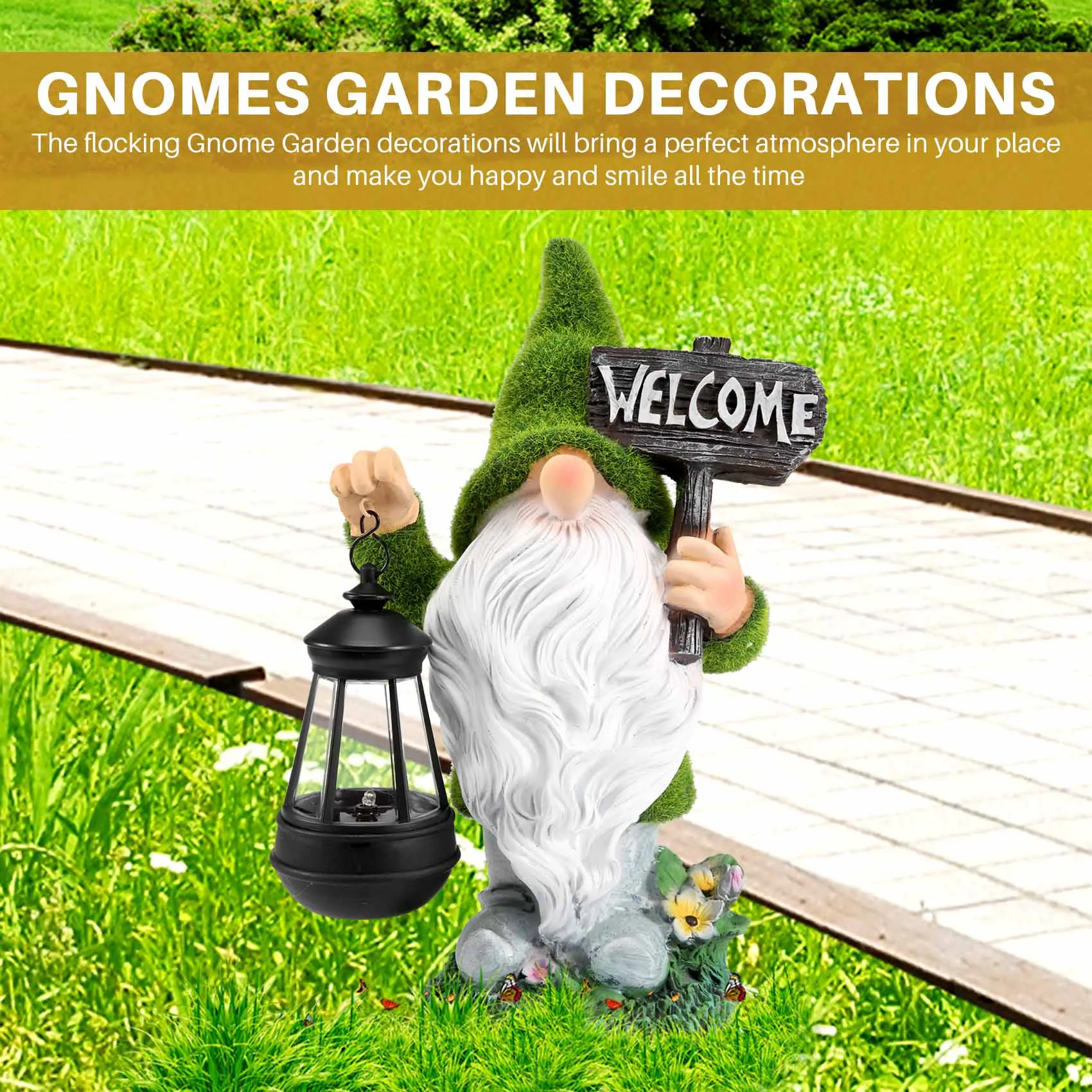 

Солнечные садовые статуэтки гномов ABMS-Flocking: уличный декор, флокированный гном с солнечным фонарем, фигурки гномов для сада и двора