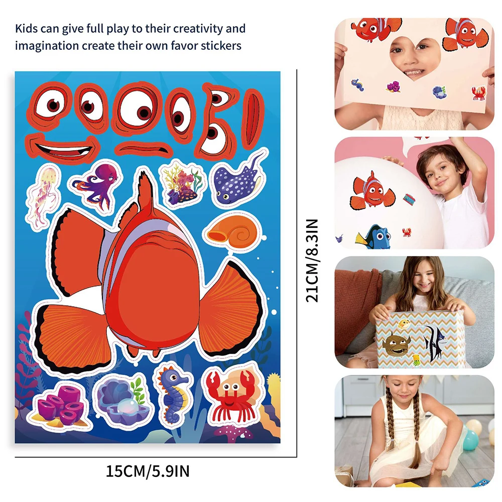 Disney Procurando Nemo Anime Puzzle Adesivos, Fazer um Rosto, Decalques engraçados do jogo dos desenhos animados, Kid Montar Jigsaw, Brinquedos Educativos, 8 folhas, 16 folhas