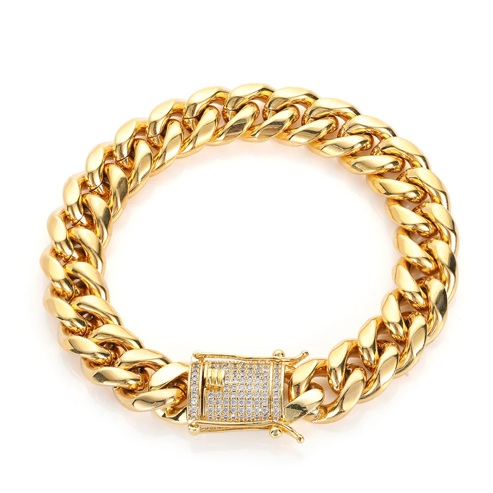 NUOYA 10mm Gold Bracelet Double Sided Iced Clasp 18K Gold Plated Stainless Steel Chain Bracelet Cuban Bracelet Women