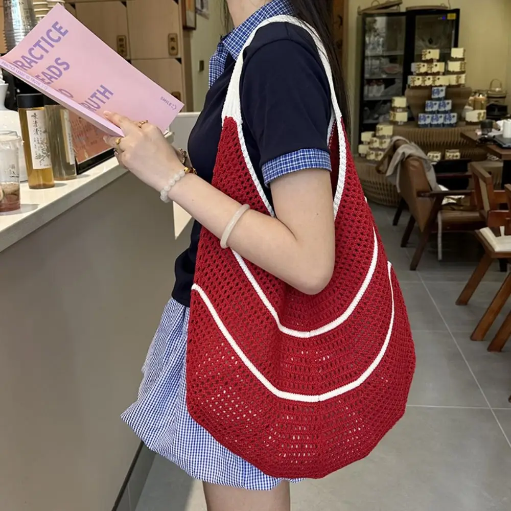 

Solid Color Knitting Shoulder Bag Korean Style Contrast Color Crochet Tote Bag Hollow Out Large Capacity Casual Woven Handbag