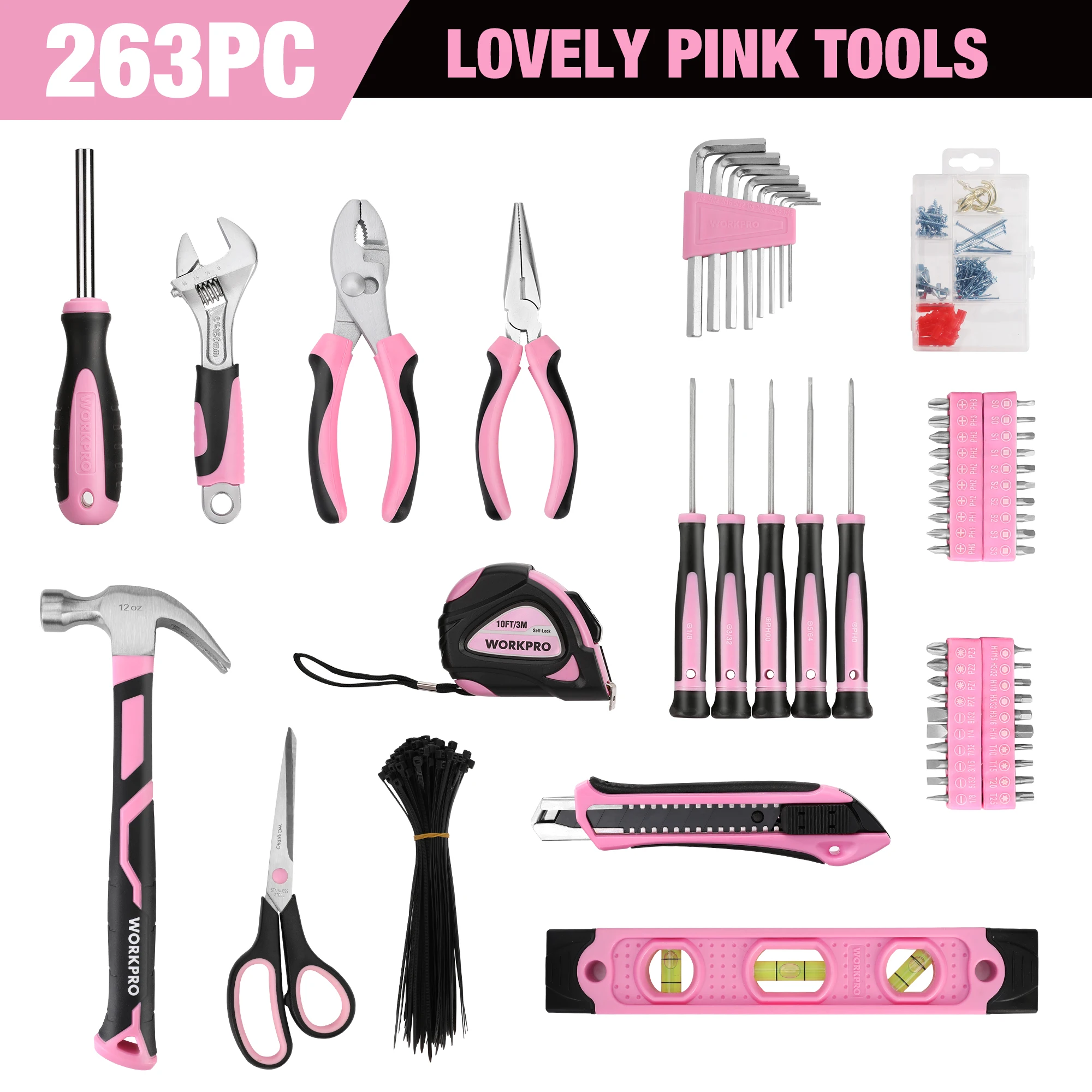 

WORKPRO 262-Piece Home Repairing Tool Set Pink Tool Kitwith Wide Mouth Open Storage Bag, Household Tool Kit