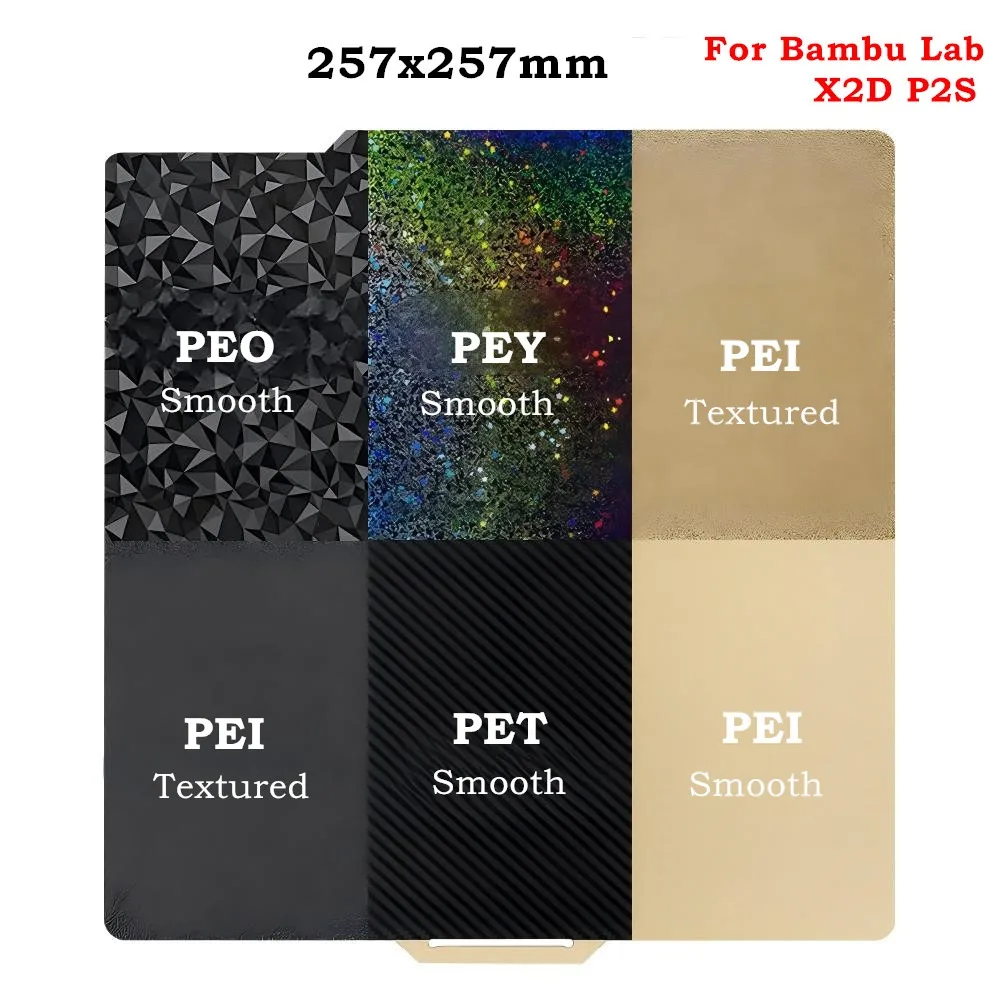 Bambulab X2D PEI Build Plate for Bambu Lab P2S P1S A1 257x257mm Double Sided Smooth Textured PET PEO PEY PEI Fexible Print Bed