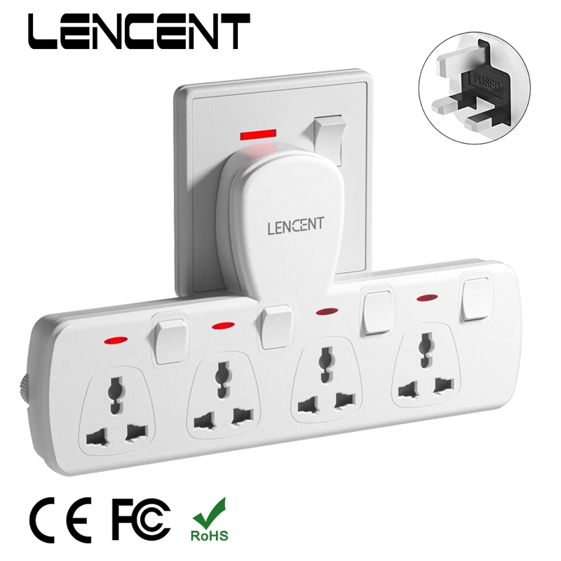 LENCENT Multi Plug Extension Socket with 4 Universal AC Outlets 3250W 13A Extension Plug Adapter with Switch for Home Office