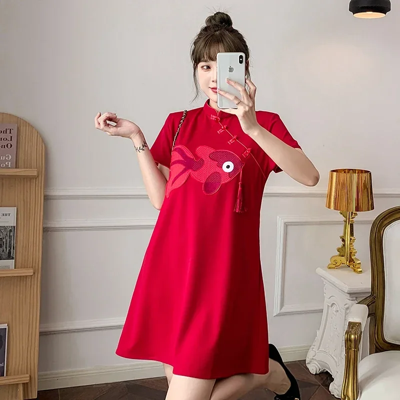 

M-4XL 2022 New Year Red Carp Carnival Party Summer Fashion Modern Cheongsam A-line Dress Women Qipao Traditional Chinese Clothes