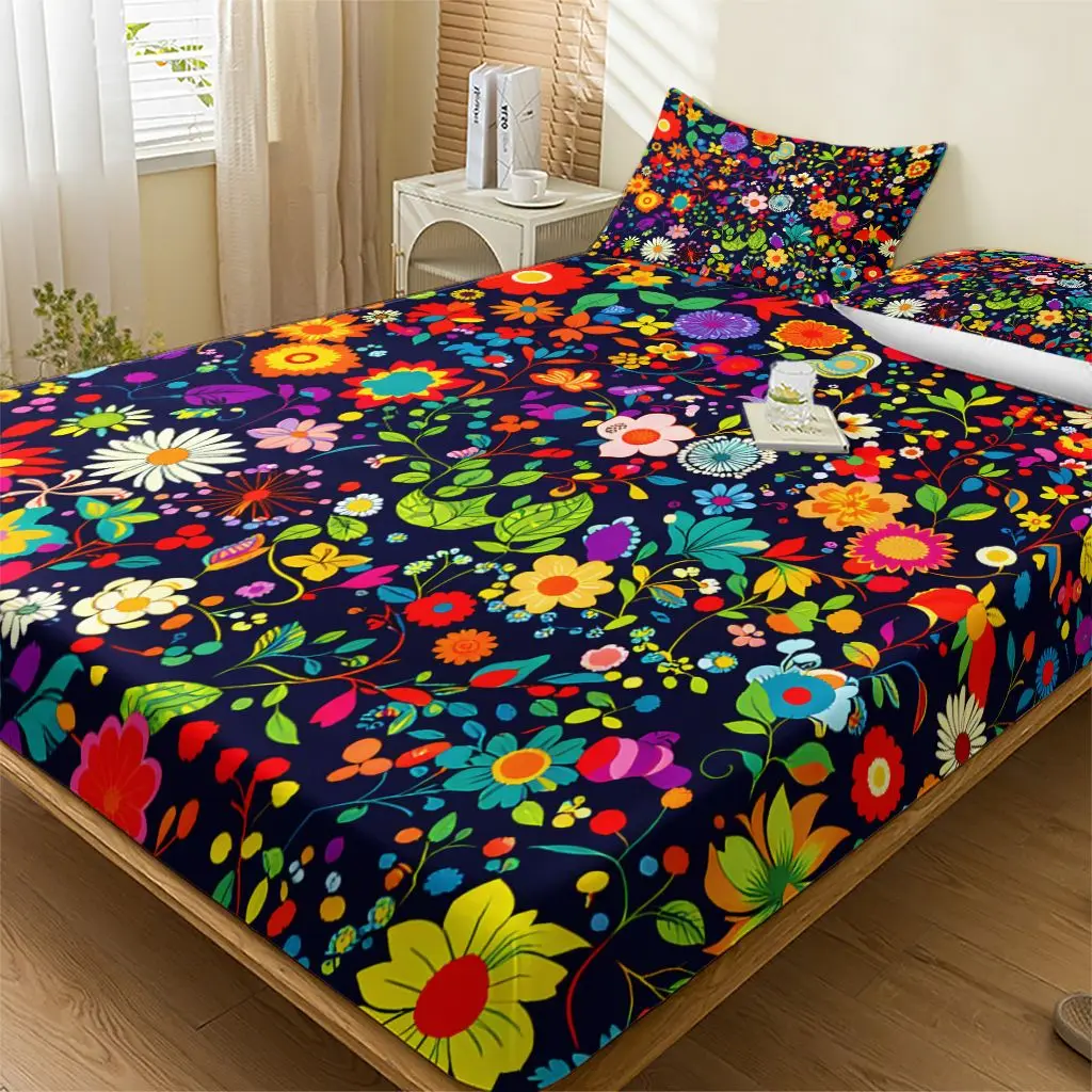 Dark background colorful floral pattern fitted sheet set, mattress protector, breathable polyester material (includes 1 fitted sheet + 2 pillowcases), mattress protector, fitted elastic style, protective cover, mattress protector, fitted bedding, Christmas-themed bedding, baby bedding, suitable for nursery rooms