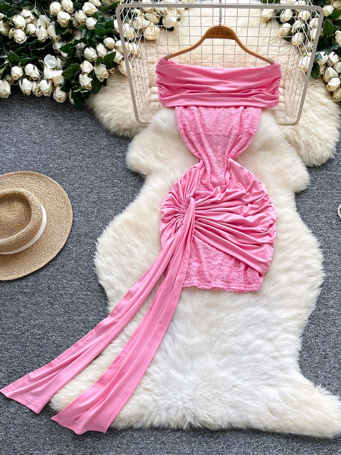 

Women's Lace ort Dr 2025 New Pure Desire Pleated Belted Waist One oulder Wrap Body Summer Ci Commute High Waist A-Line