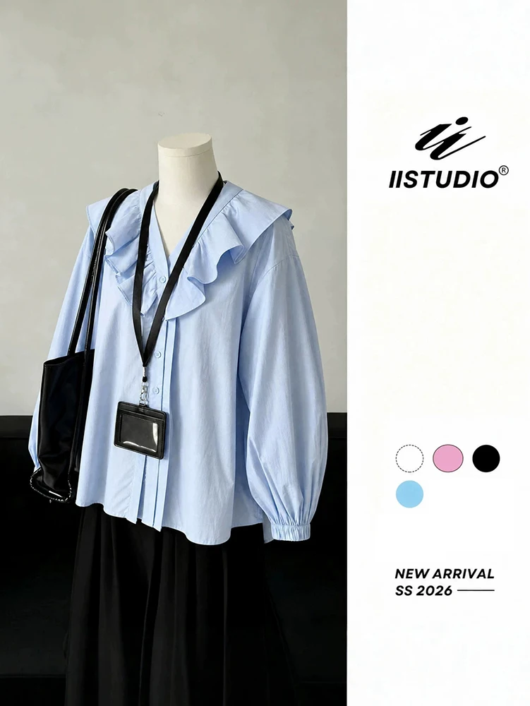 Fall 2026 New Arrival: Women's Casual Resort-Style Ruffled Collar Button-Down Shirt—Solid Color, Sweet Style