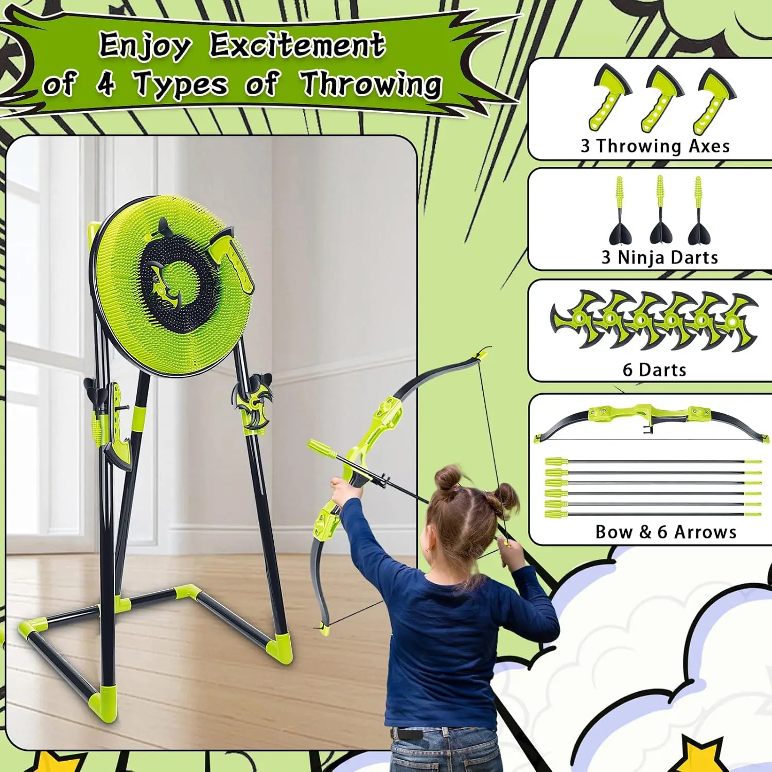 4 in 1 Axe Throwing Target Set for Backyard Kids Adults, Includes Bristle Target, Bow & 5 Arrow, 3 Throwing Axes, 3 Ninja Stars