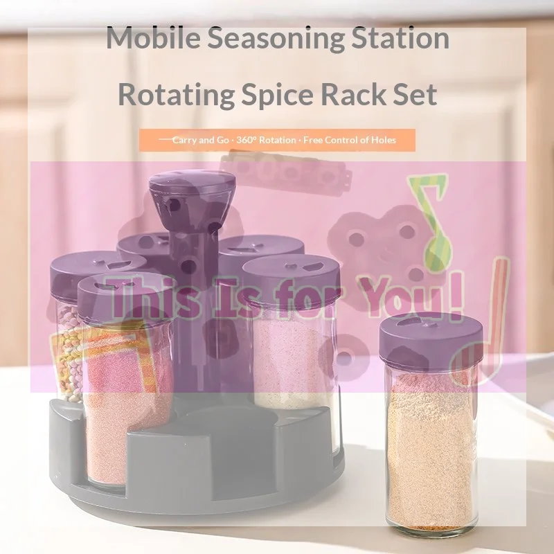 1 Set Spices And Seasonings Kit With Rack 6-Jar Revolving Spice Rack Countertop Seasoning Organizer Spice Pots Storage Containe