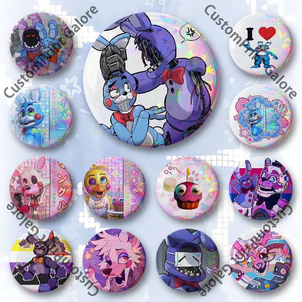 

W-FnafS 2 Laser Film Badge Tinplate Brooch Lapel Pin HD Print Badge for Decoration DIY Accessories Gift