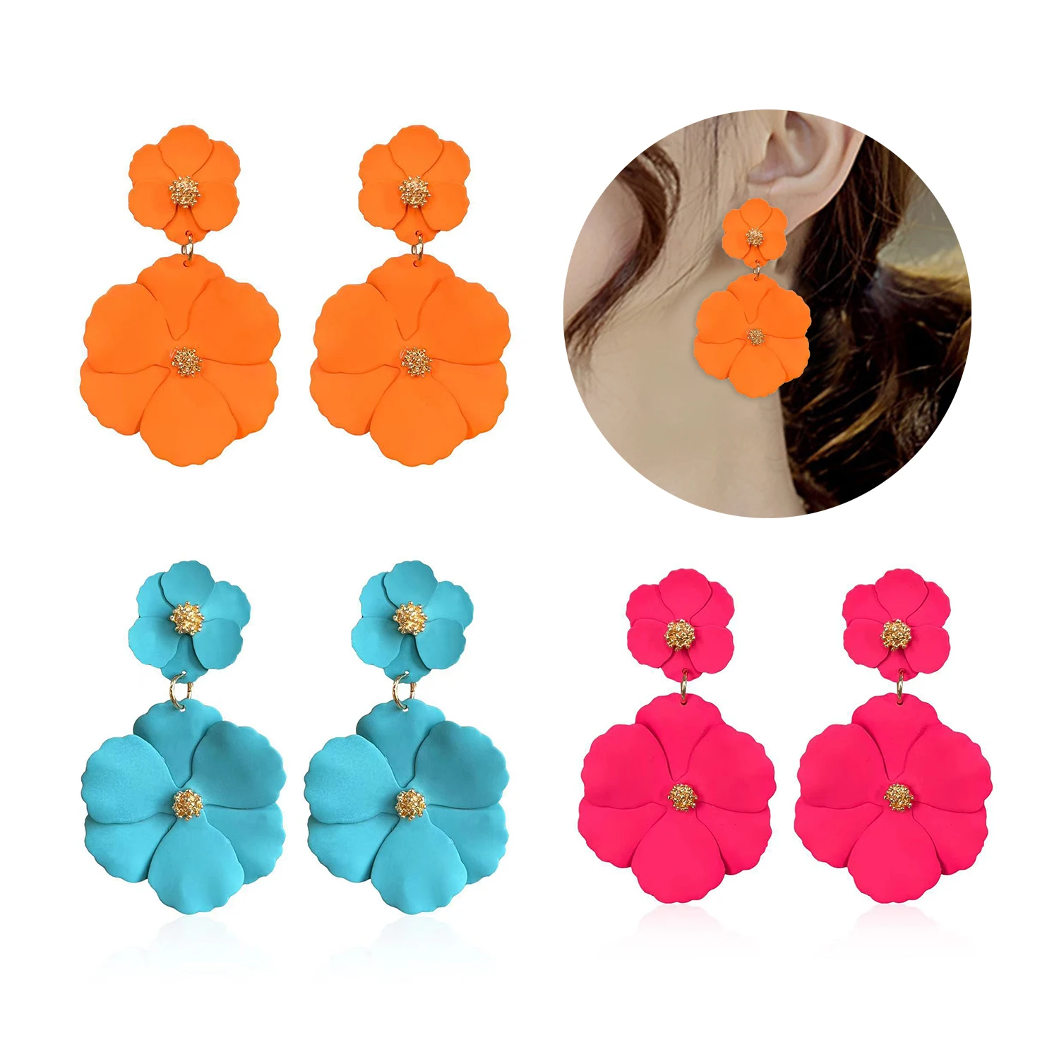 New Fashion Big Flower Drop Earrings for Women Vintage Orange Long Tassel Statement Double Layer Enamel Floral Earring Jewelry