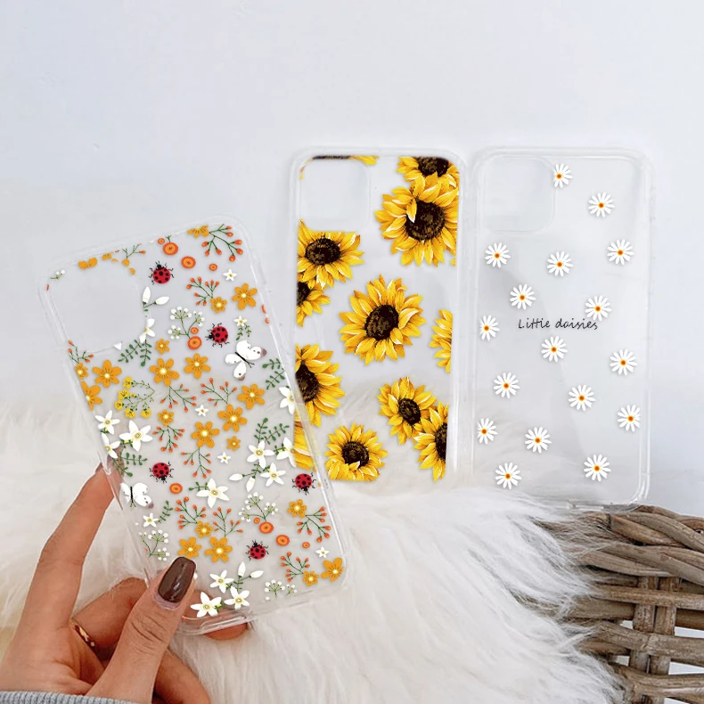 Transparent Small Chrysanthemum Flower Case For Redmi 12 9AT Note 14 13 Pro 10 12S 10T 11 5G Poco M6 Pro Protective Clear Cover