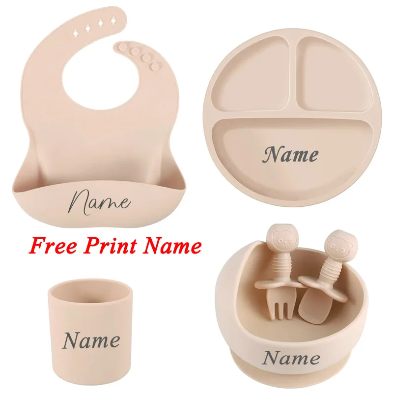 6PcsChildren Silicone Tableware Suction Cup Bowl Plate Cup Spoon Fork Set Personalized Name Baby Feeding Set Round Plate For Kid