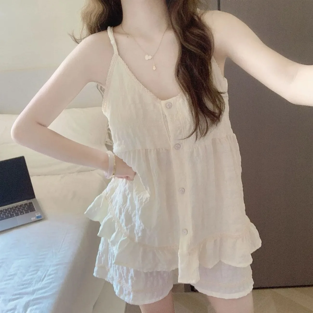 Camisole Sweet Lace Women Summer Pajama 2pcs Ruffles Lady Ribbons Bow SSling Loungewear Girls Cute Solid Colour Pajama Sets