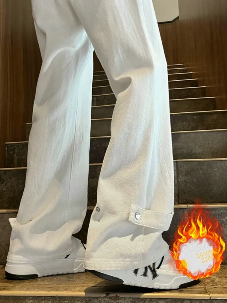 

Мужские джинсы из денима на флисовой подкладке, прямые, слегка расклешенные, длинные брюки, осенне-зимняя новинка