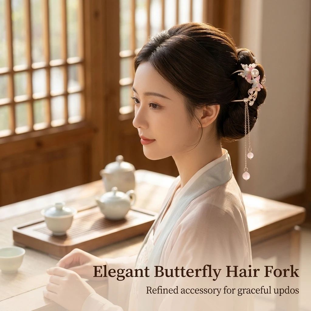 Elegant Hair Stick Butterfly Tassel Pin for Wedding Party Traditional Chinese Style Updo Accessory Graceful Jewelry