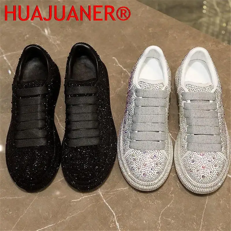 New Brand Women Fashion Casual Glitter Sparkling Sneakers Women Encrusted Lace Up Shoes White Sole Fashion Street Sneakers Shiny