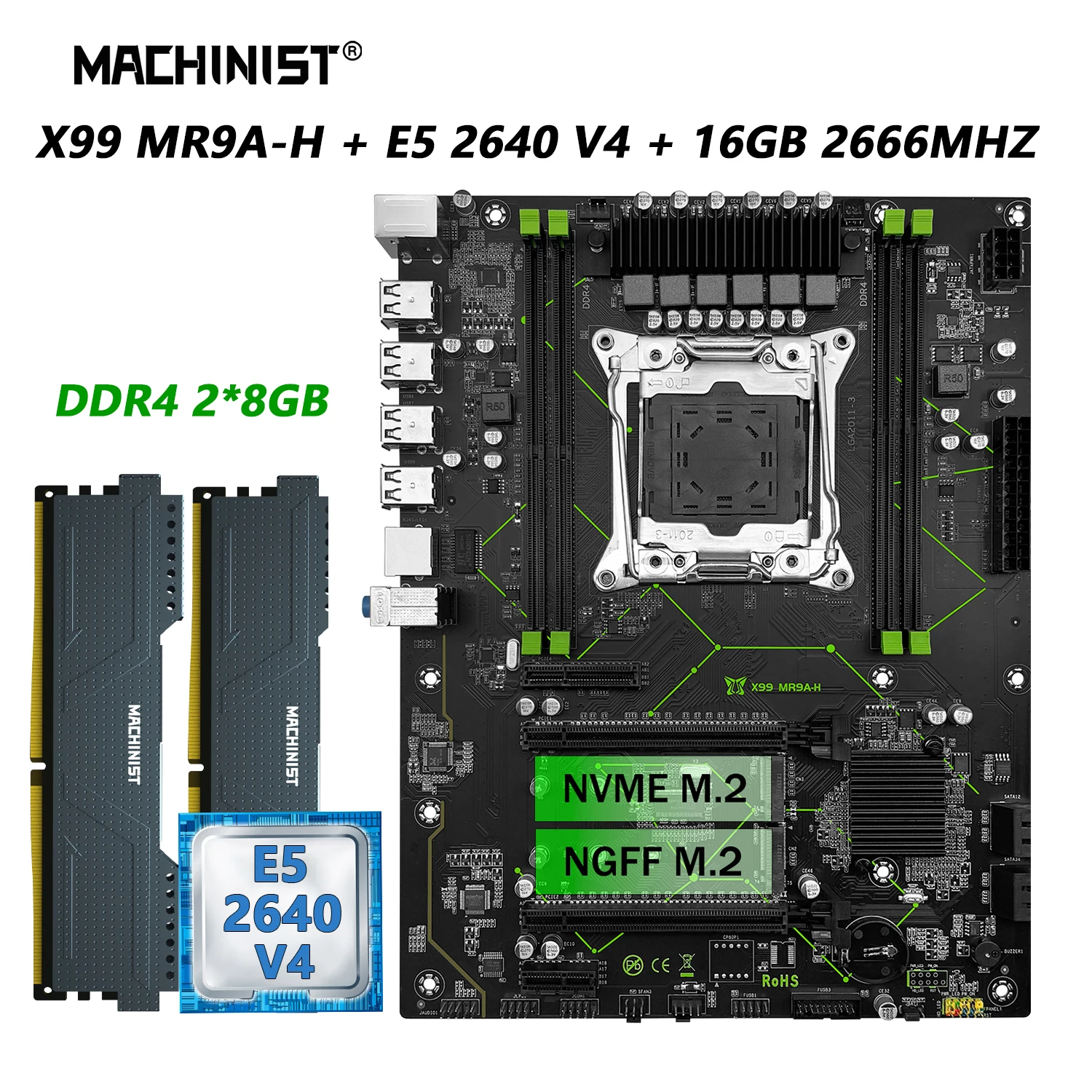 MACHINIST MR9A-H X99 Motherboard Set with Intel Xeon E5 2640 V4 CPU & Dual Channel DDR4 8GBx2 2666MHz RAM combo kit for NVME M.2