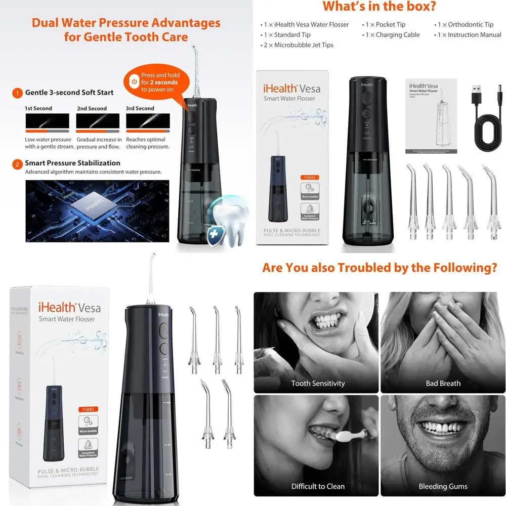 

Sensitive Teeth & Gums Smart Water Flosser: Microbubble Clean, Pressure Stabilization, Waterproof & Travel-Friendly