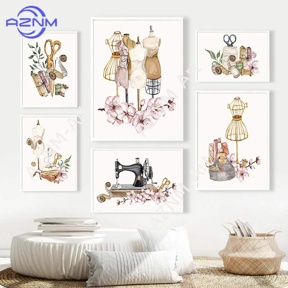 Vintage Dress Sewing Machine Flower Wall Art Canvas Painting Nordic Posters and Prints Fashion Pictures for Living Room Decor