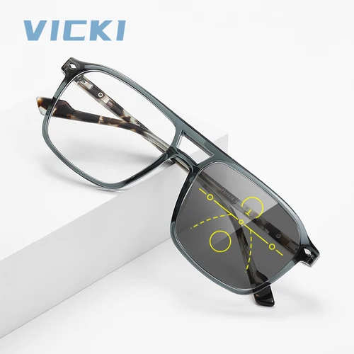 Imagen 1 del producto VICKI, gafas personalizadas TR90 con montura cuadrada, gafas de doble puente a la moda para hombre, graduadas personalizables, fotocromáticas multifocales LS219