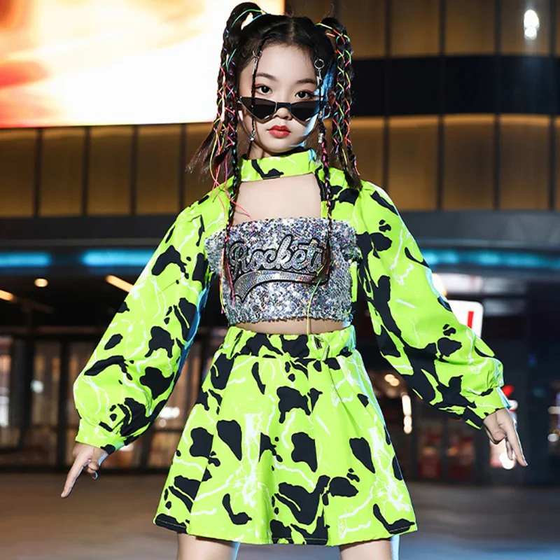 Girls Jazz Cosutme Kpop Dance Clothes Green Outfit Kids Hip Hop Performance Clothing Festival Wear Concert Stage Suit BL12455