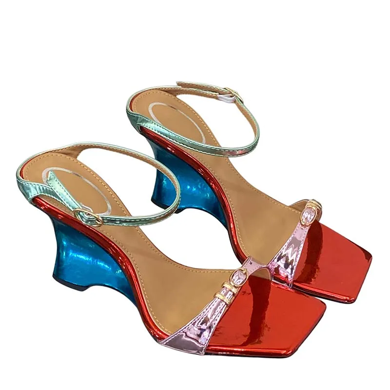 10cm Wedges Heels Woman Slippers Summer Color Narrowband Buckle Chunky Heeled Sandals 2026 Designer Shoes Fashion Ladies Slipper