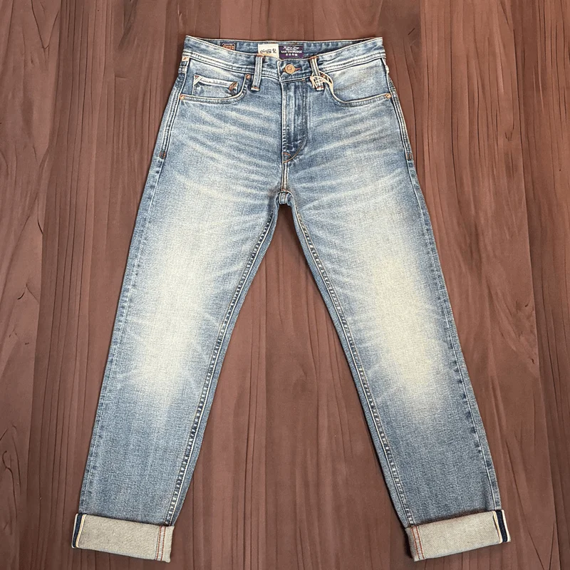 

Spring Summer 13oz Light Blue Selvedge Denim Jeans for Men American Retro 99% Cotton Washed Stretch Tapered Straight Pants 5KM