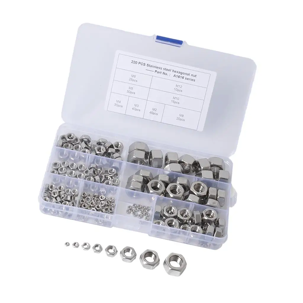 220pcs Metric 304 Stainless Steel Lock Nut Assortment Kit - M2- - with Storage Box