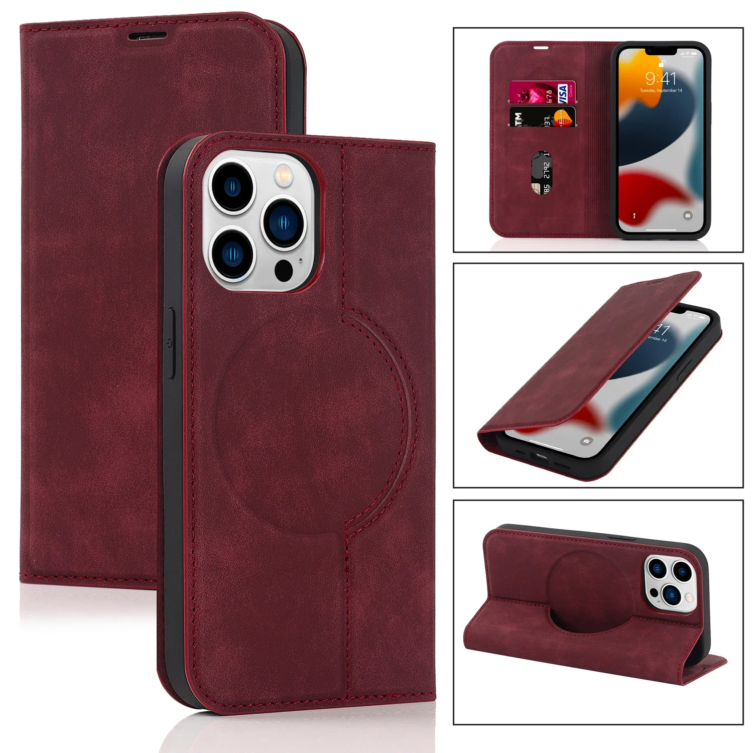 HQBBRO Magnetische Leder-Geldbörsen-Telefonabdeckung für iPhone 16 Pro Max 14 Plus 13 15 12 für Magsafe Wireless Charging Stand Card Solt Case 4