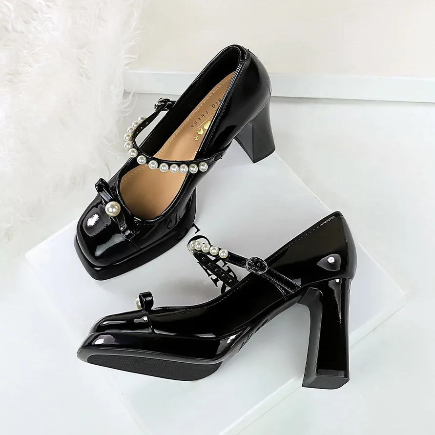 

BIGTREE Shoes Mixed Color Women Pumps Thick Heel Ladies shoes Pearl Design Platform Pumps Square head High Heels party shoes