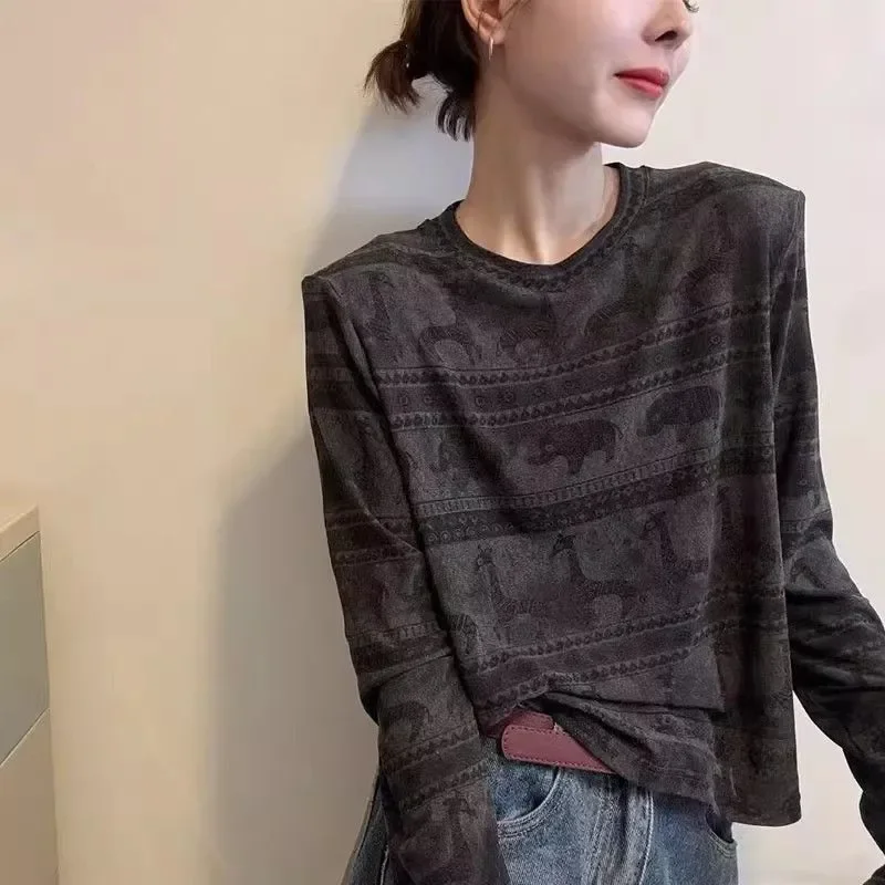 

Round Neck Long-sleeved T-shirt for Women Autumn New Fashion Retro Printed Bottoming Shirt Foreign Style Versatile Top