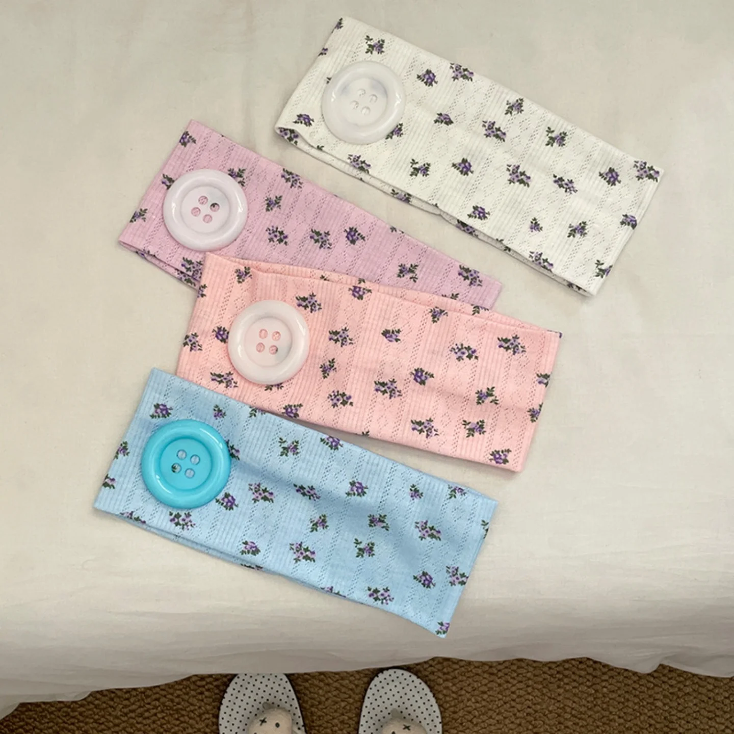 Kawaii Small Flower Print Wide Button Headband Women Breathable Elastic Knit Hairband Soft Girl Casual Makeup  Hair Accessory