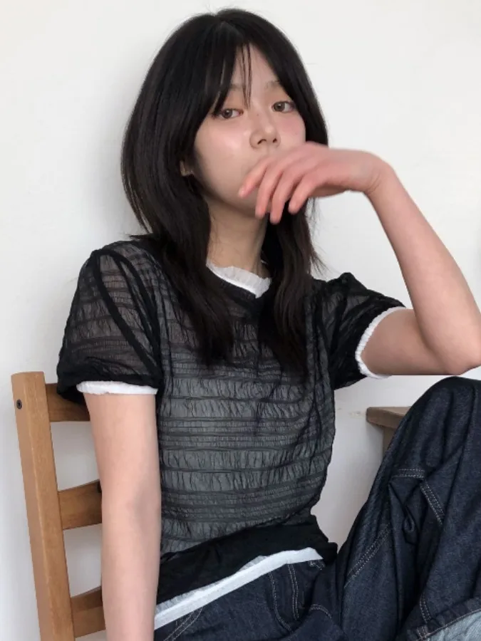 

2025 Comfort fashion Summer New Women's ort Sve T-irt Bubble id Me See-tough Lightweight Sweet Sle round Ne Regular Length Top