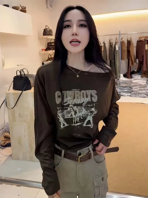 plus Size American Retro Print Asymmetrical Shoulder Long Sleeve T-Shirt Early Autumn New Style Loose Slimming Unique Shoulde...