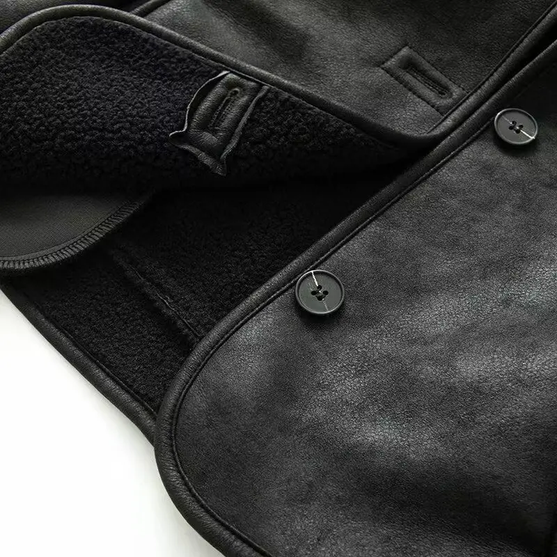 DiYiG WOMAN 2025 Zimowa Nowa Moda Kurtka ze Sztucznej Skóry Elegancka Klapa Uniwersalny Guzik Długi Rękaw Kurtka Odzież Wierzchnia Mujer