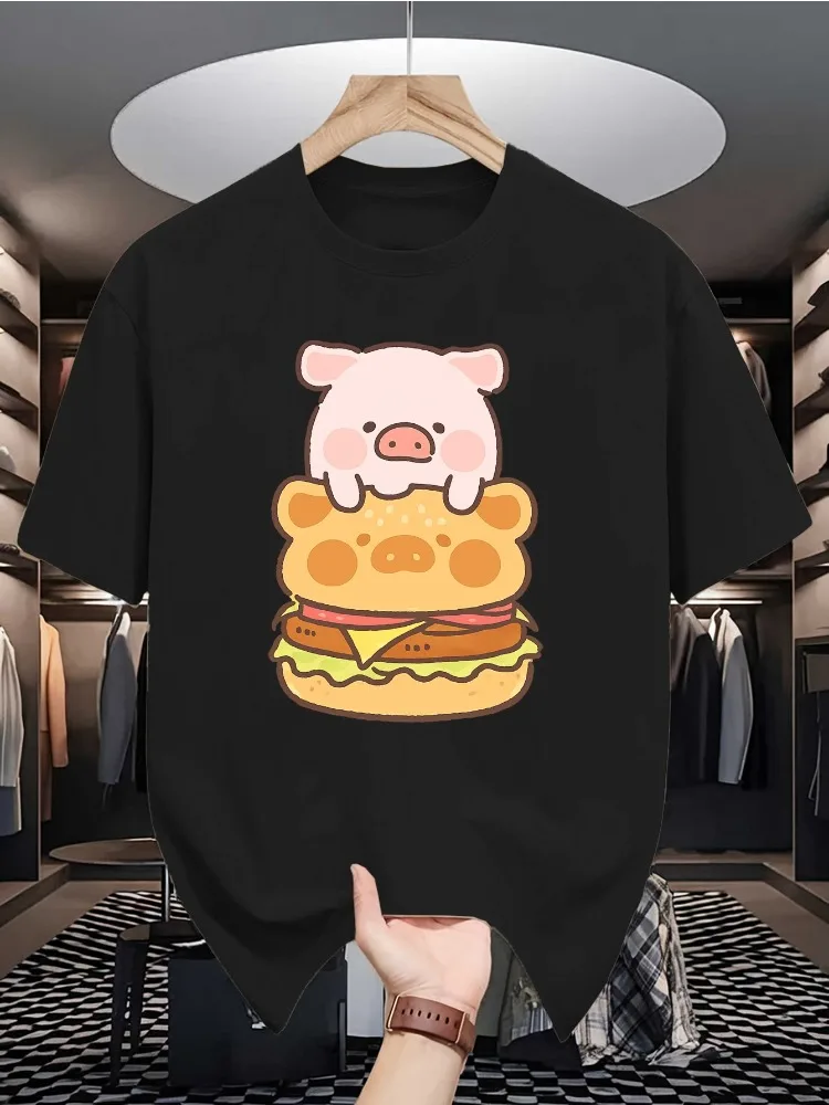 Beige Mens Crew Neck Cotton T Shirt Cute Pink Pig Lying On Cartoon Bear Burger Funny Food Animal Print Short Sleeve Casual Tees