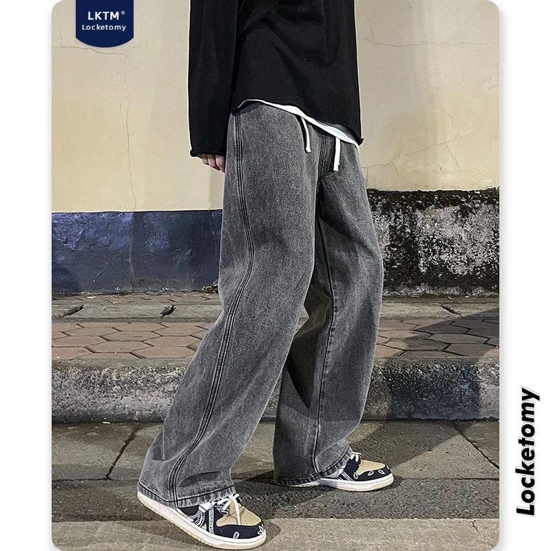 مستقيم الجينز الرجال السراويل المستقيمة جان كامل طول الدنيم بانت فضفاض الصلبة تقسم غسلها سستة يطير منتصف الخصر جيوب عادية