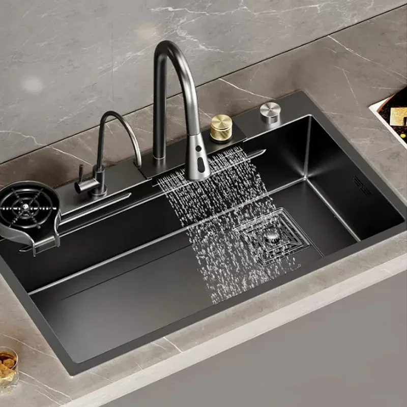 watersink voador super grande pia unica cozinha household bacia do prato com pia manual preto aco inoxidavel 304 01