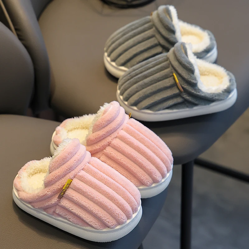 2024 Winter Concise Stripe Plush Slippers Children\'s Non-slip Soft Indoor Fluffy Mule For Boys Girls Warm Kids Home Cotton Shoes